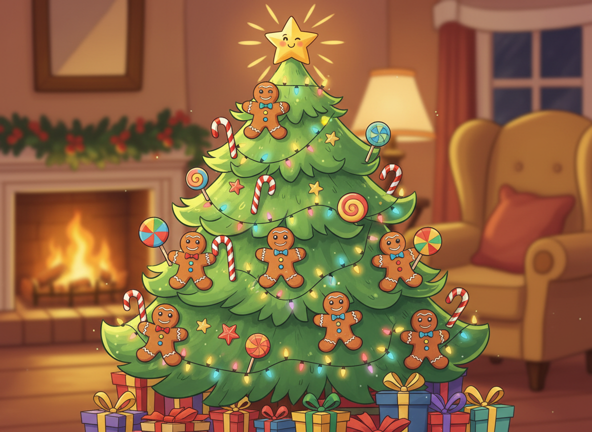 웃는 진저브레드맨과 지팡이 사탕 장식이 있는 밝고 명랑한 카툰 스타일 크리스마스 트리 일러스트.