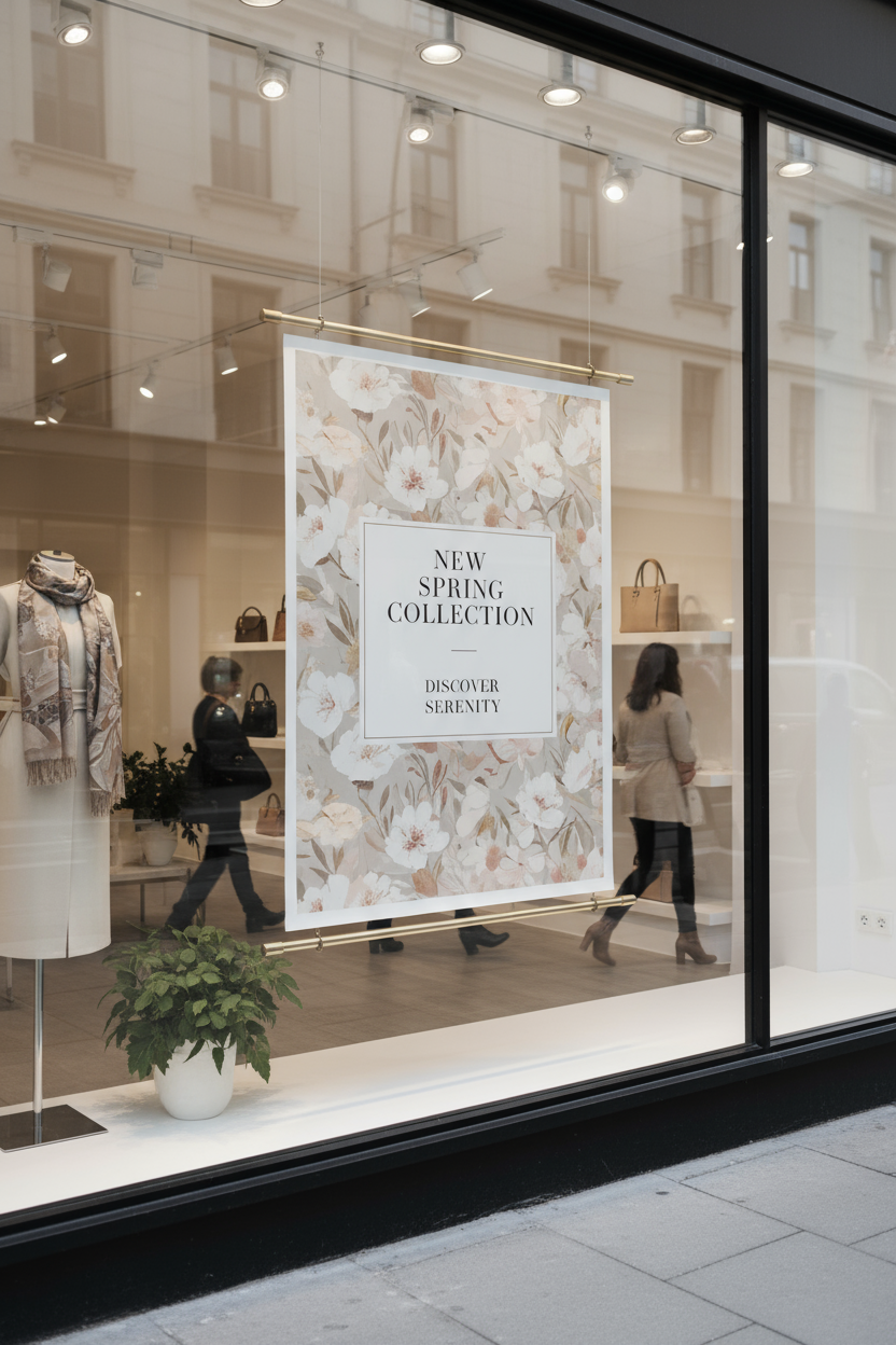 부티크 상점 창문에 전시된 포스터 목업.