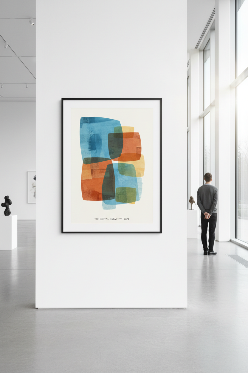 밝게 조명된 현대 미술 갤러리에 걸린 액자 아트 포스터 목업.