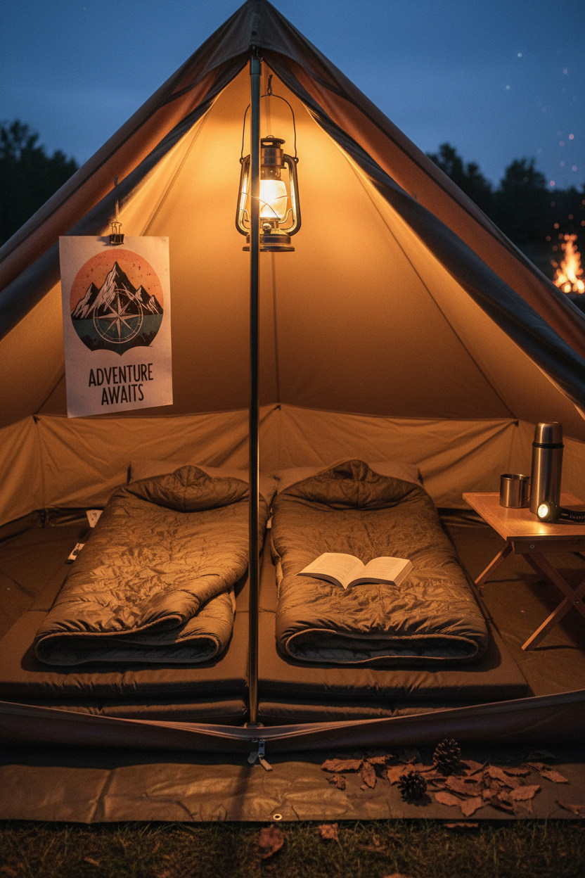아늑한 캠핑 텐트 내부, 천 벽에 클립으로 붙여진 작은 포스터 목업, 부드러운 랜턴 불빛, 침낭들.