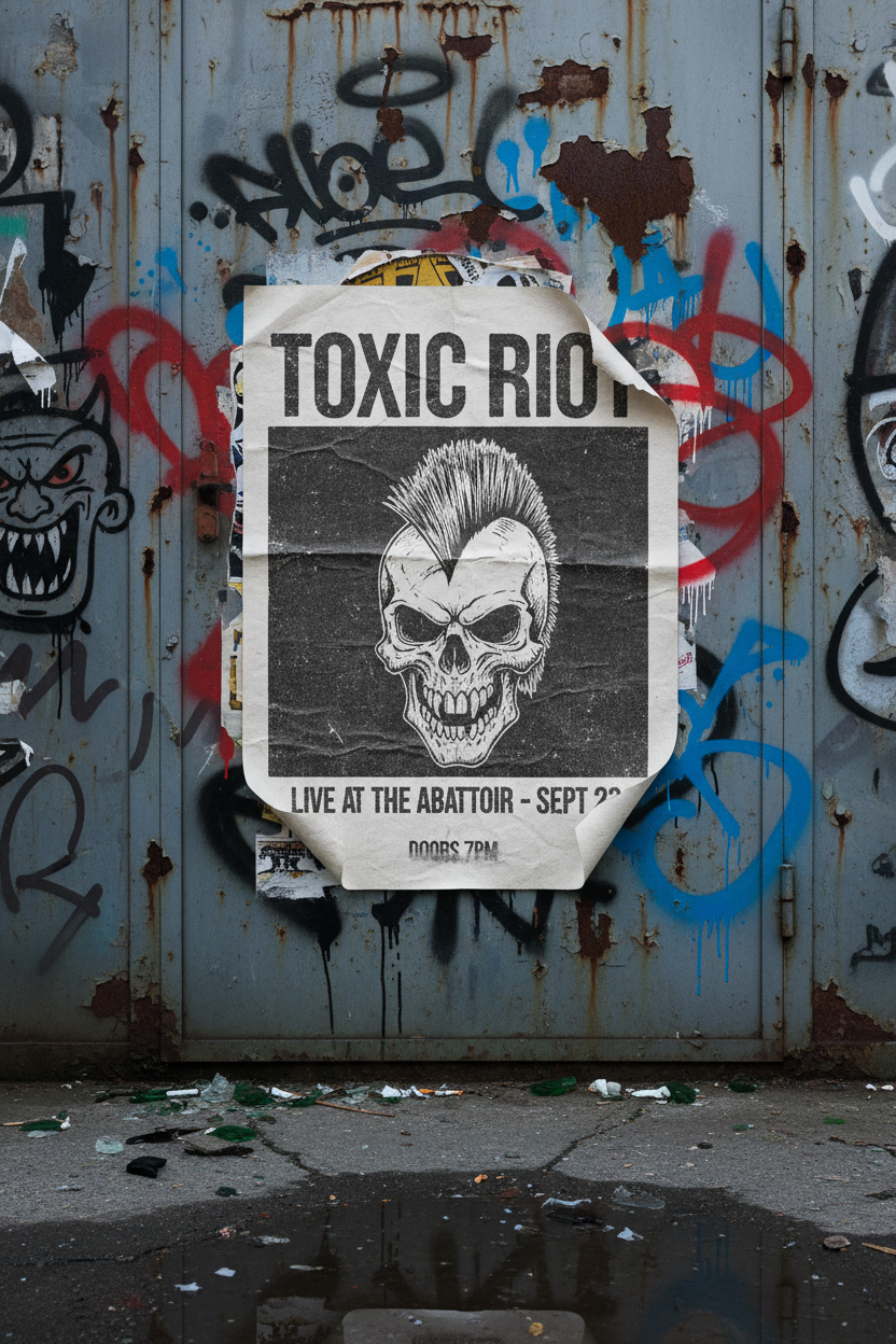 그래피티가 그려진 낡은 금속 문에 붙은 그런지 콘서트 포스터 목업.