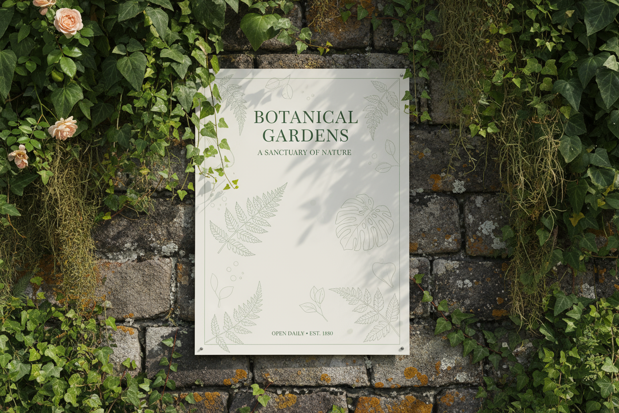 식물원의 오래된 돌 벽에 있는 포스터 목업.