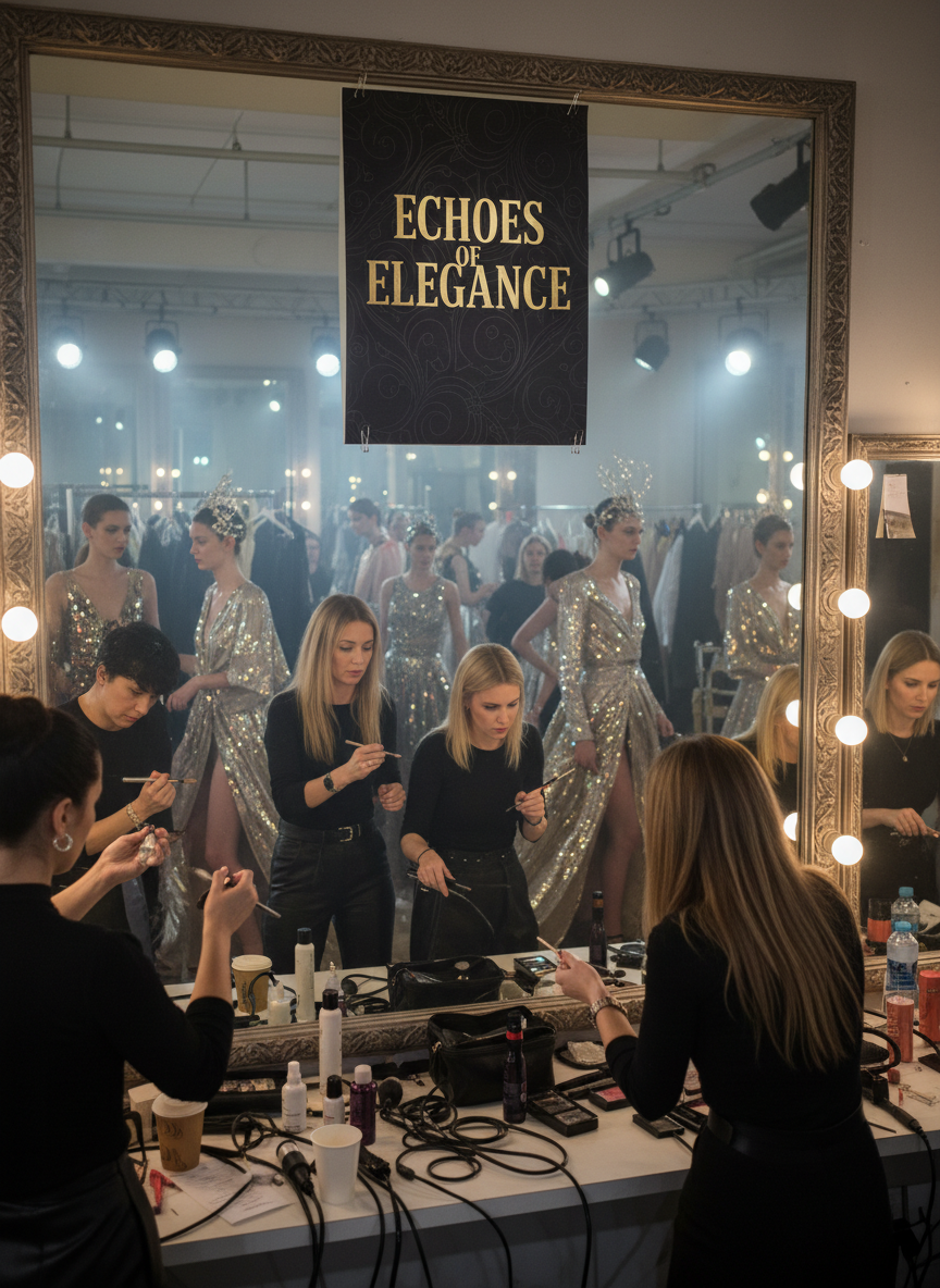 혼란스럽지만 화려한 패션 런웨이 백스테이지, 분장실 거울에 붙여진 패션쇼 포스터 목업, 분주한 메이크업 아티스트와 모델들.