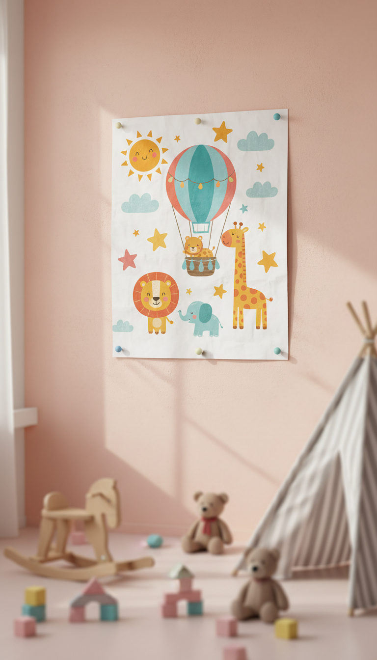 파스텔 벽에 붙은 화려한 어린이 방 포스터 목업.