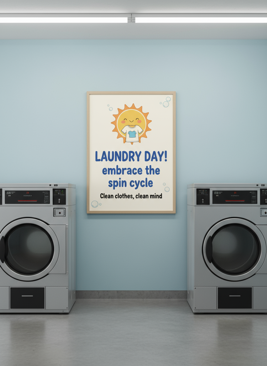 세탁기 사이에 있는 세탁소 내부 포스터 목업.