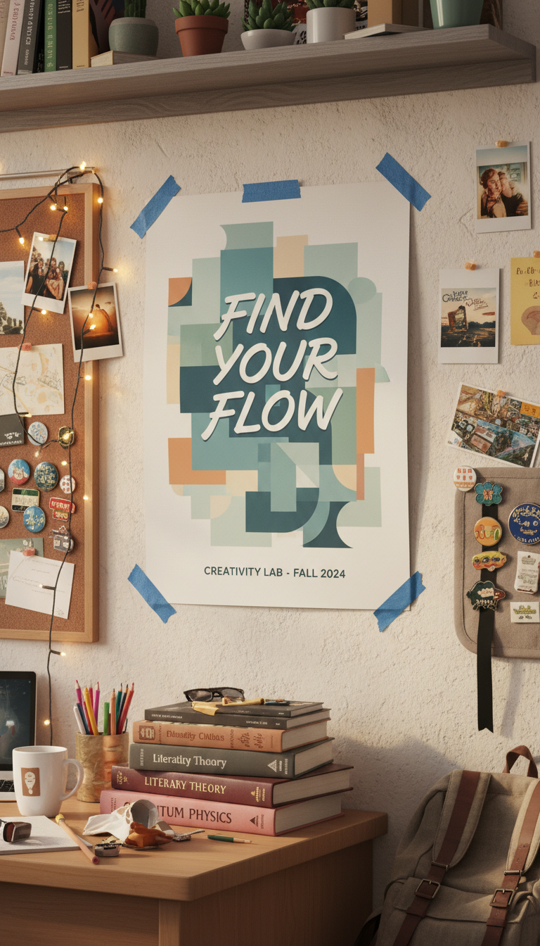 개성 넘치는 벽에 붙은 학생 기숙사 방 포스터 목업.