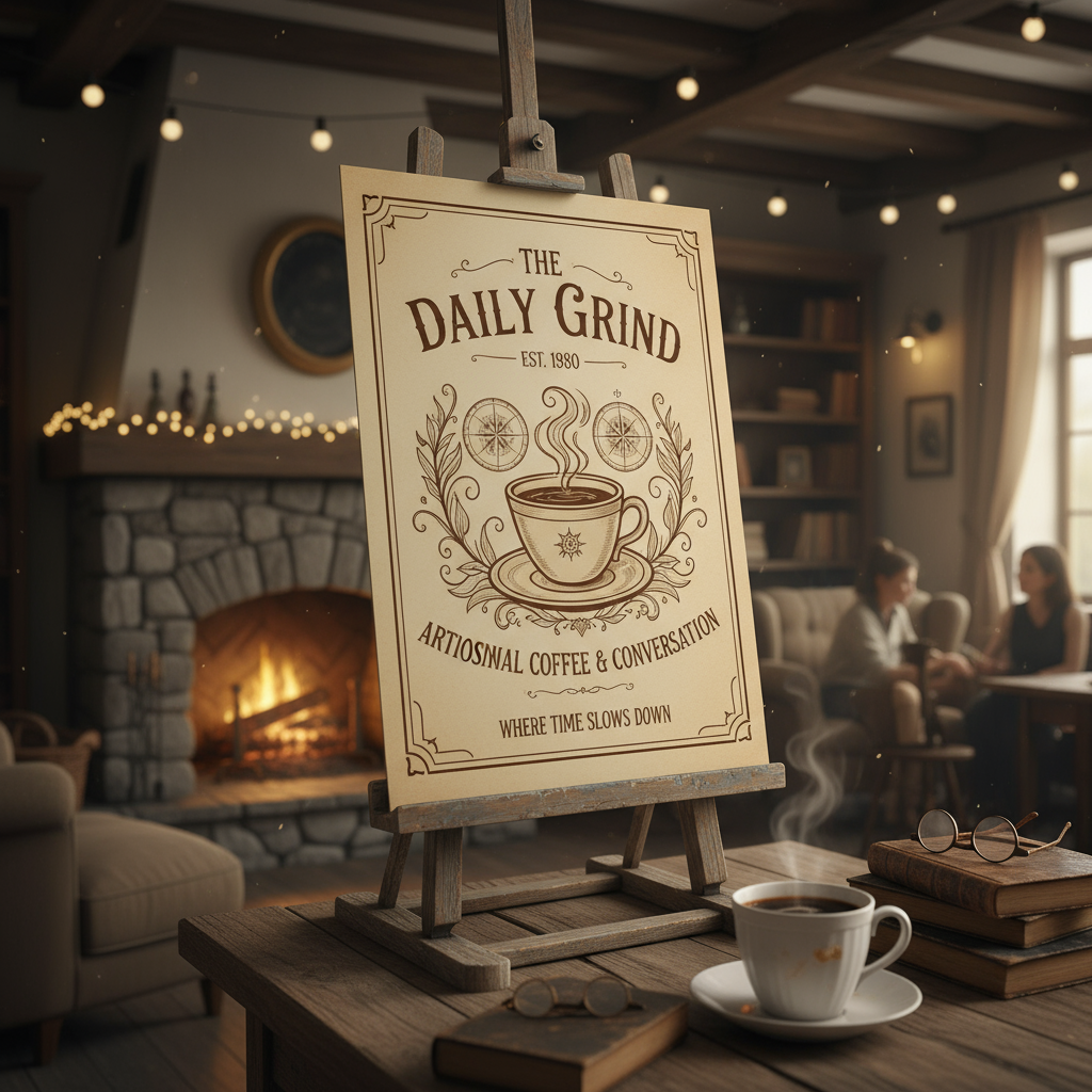 아늑한 카페의 나무 이젤 위에 있는 빈티지 포스터 목업.