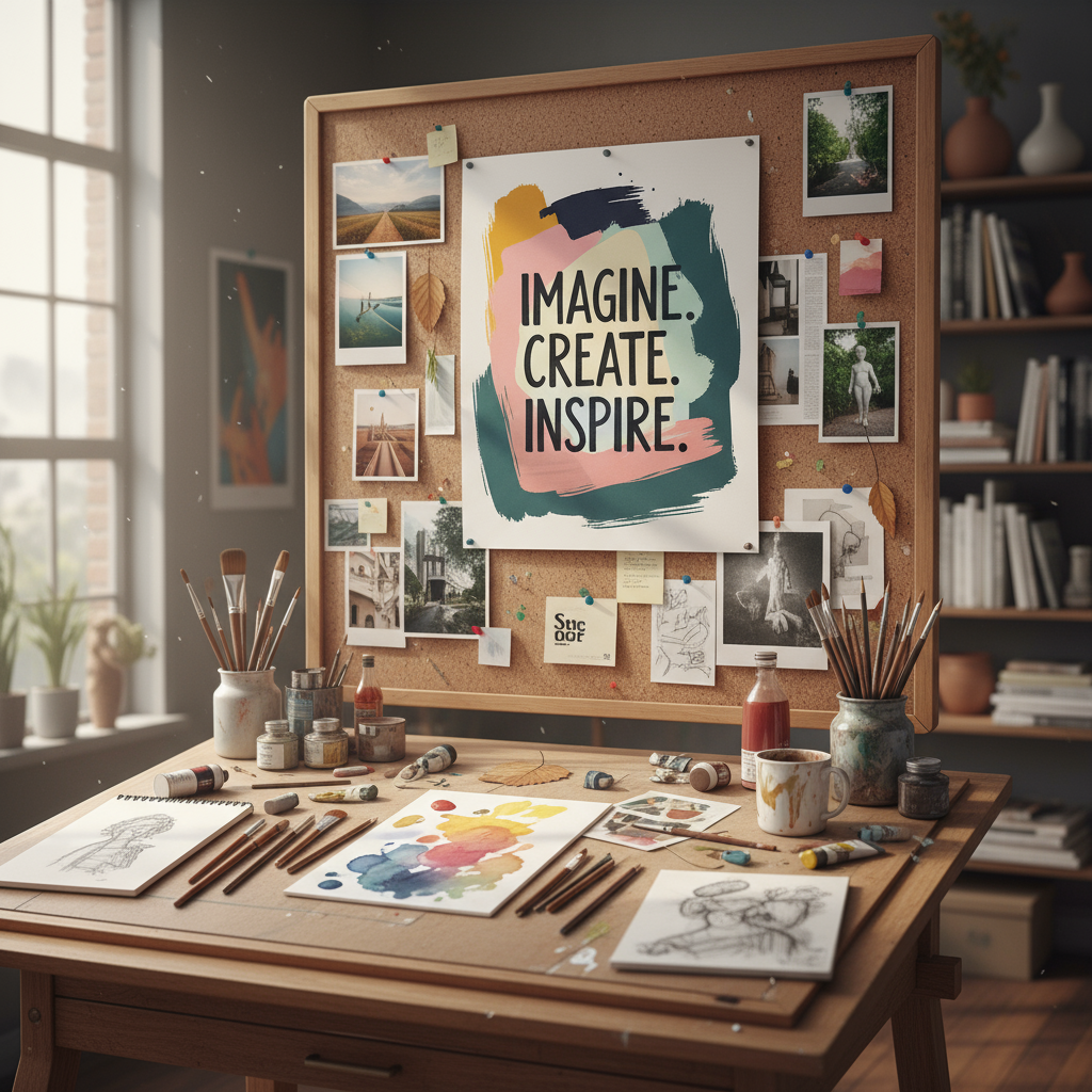 창작 스튜디오의 코르크 보드에 핀으로 고정된 포스터 목업.