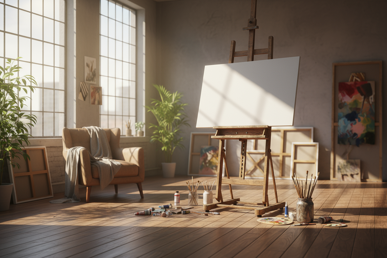 통풍이 잘되는 예술가의 스튜디오에 놓인 나무 이젤 위의 가로 포스터 목업.