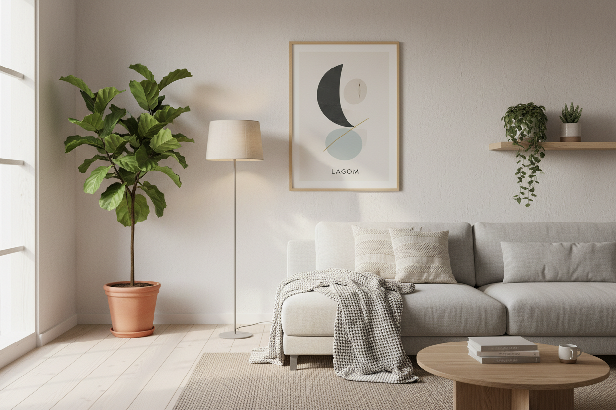 화분 식물이 있는 스칸디나비아 스타일 거실에 놓인 모던 미니멀리스트 포스터 목업.