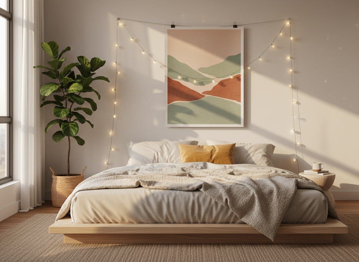 미니멀한 침대 위에 무심하게 걸린 포스터 목업, 따뜻한 줄조명, 침대 옆 식물, 골든 아워 조명의 감성적인 침실.