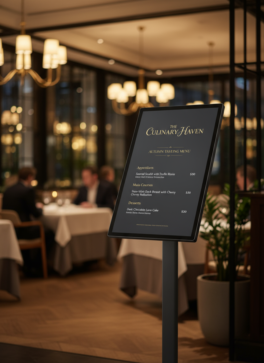 현대적인 레스토랑 스탠드에 있는 세련된 포스터 목업.