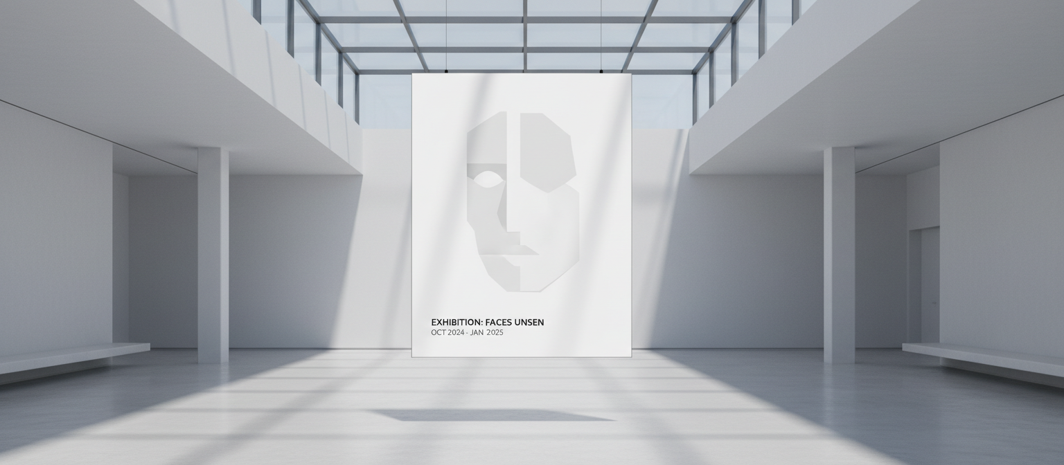 밝게 조명된 삭막한 건축 공간에 우아하게 떠 있는 미니멀리스트 전시 포스터 목업.