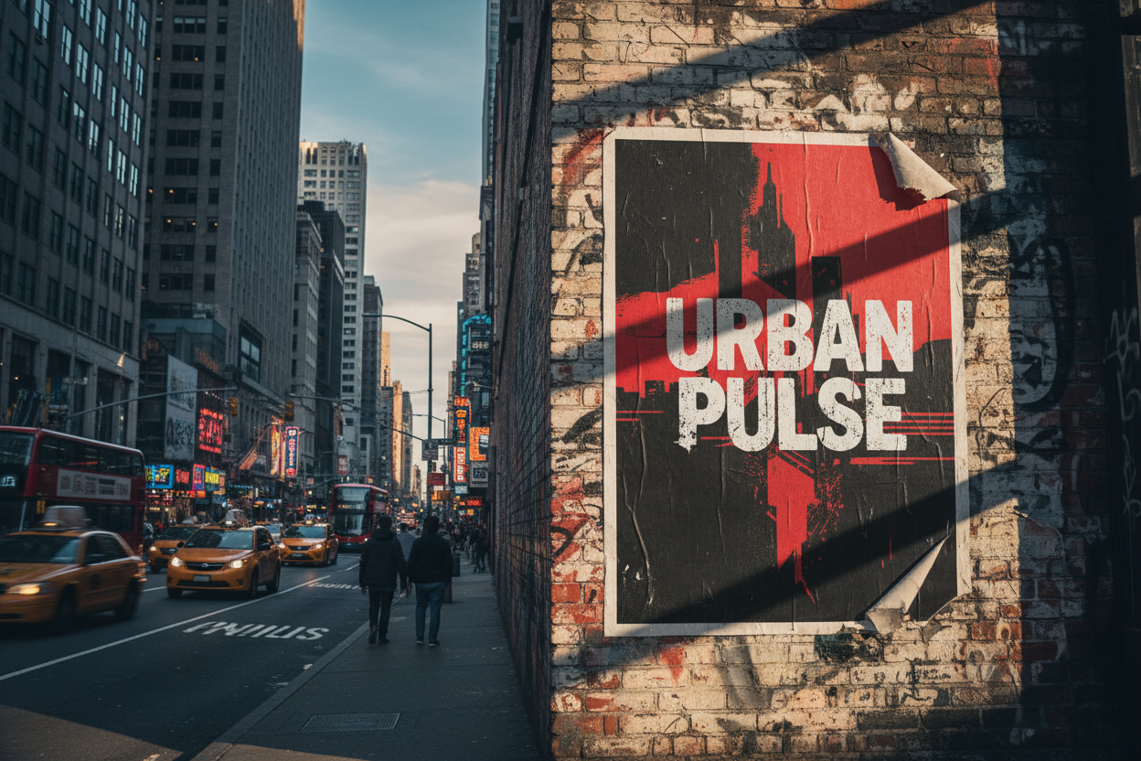 번화한 도시 거리의 거친 벽돌 벽에 있는 포스터 목업.