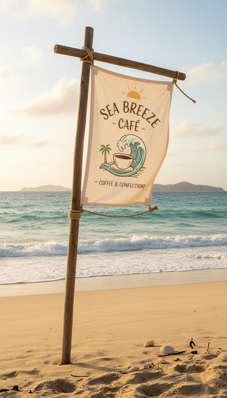해변 카페의 바닷바람에 날리는 캔버스 포스터 목업.