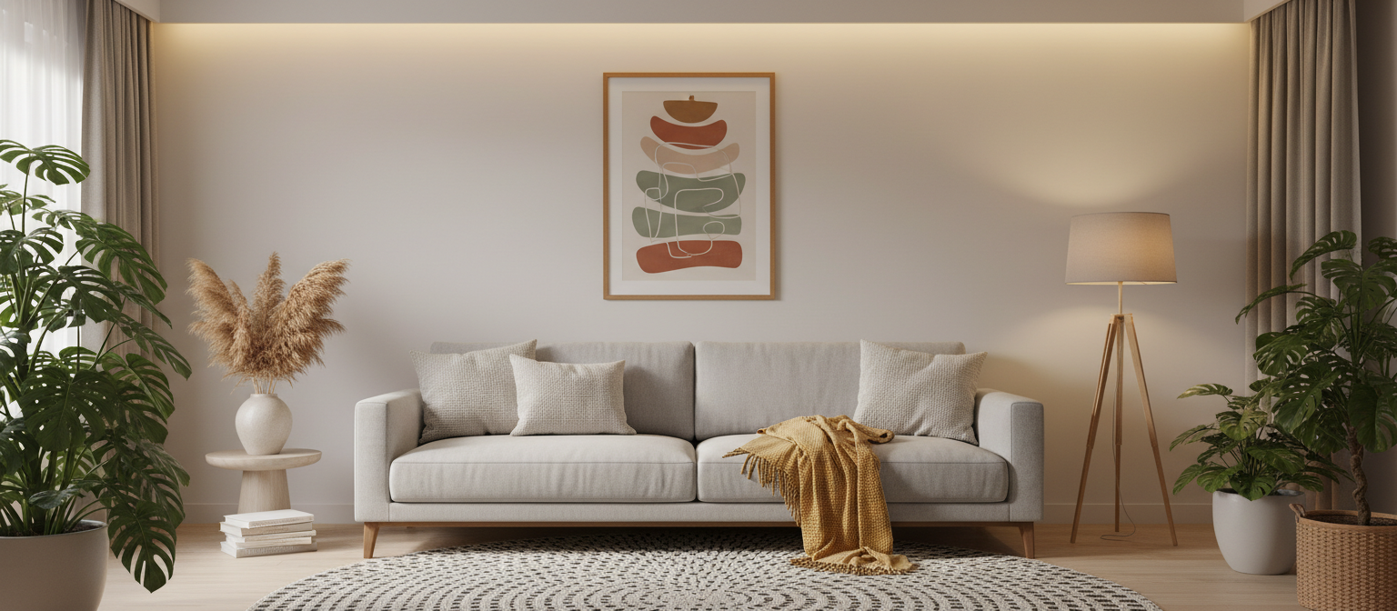 거실 현대적인 소파 위에 걸린 액자 포스터 목업.