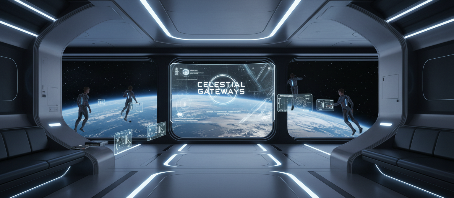 미래형 우주 정거장 내부, 무중력 상태로 떠 있는 투명 디지털 패널에 고화질 포스터 목업, 배경 창문 너머로 보이는 지구.