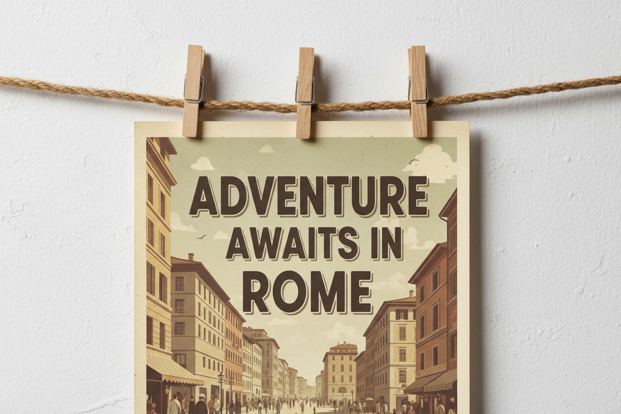 평평한 벽에 빨래집게로 로프에 걸린 빈티지 여행 포스터 목업.