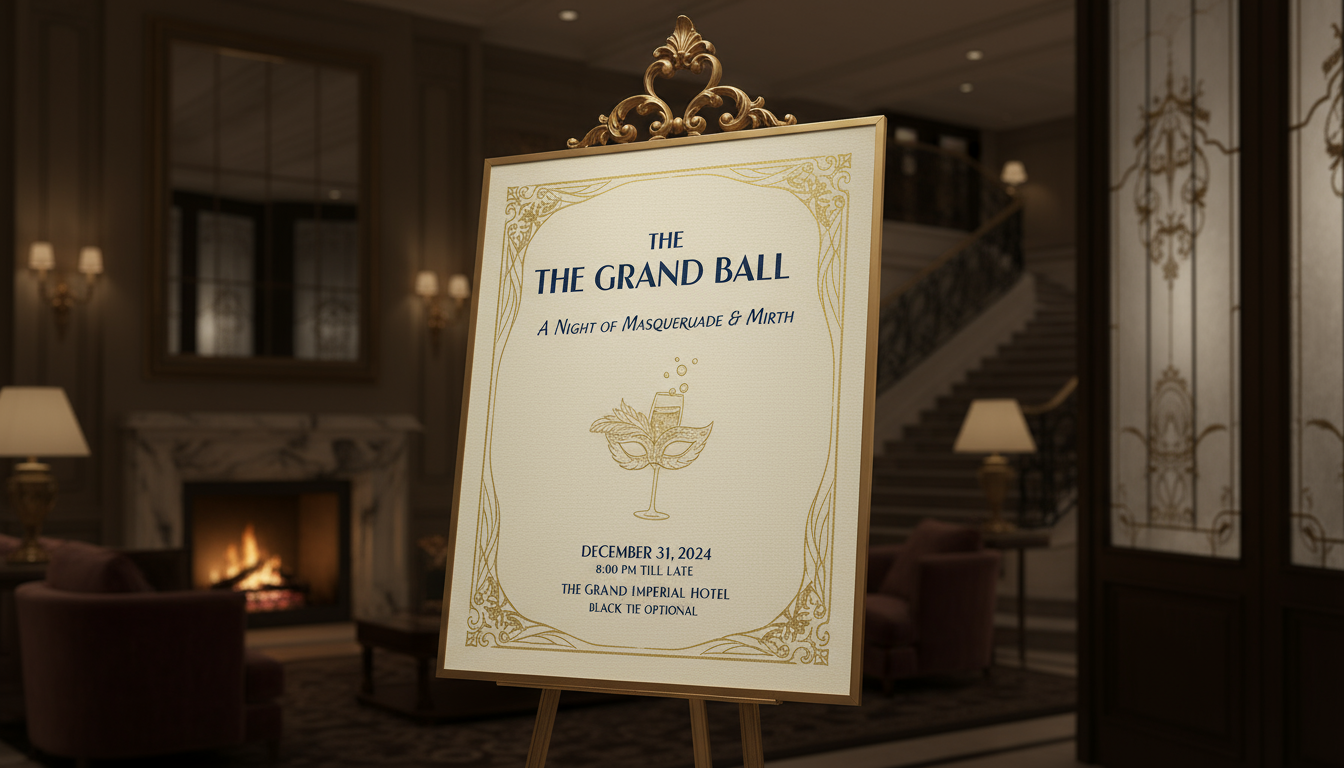 어두운 조명의 고급 호텔 로비에 있는 우아한 이벤트 포스터 목업.