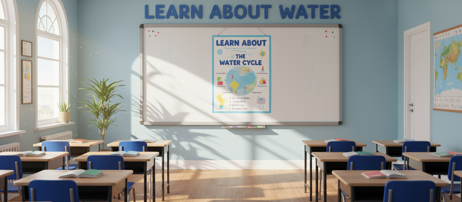 책상과 의자가 있는 교실 환경의 화이트보드에 있는 교육 포스터 목업.