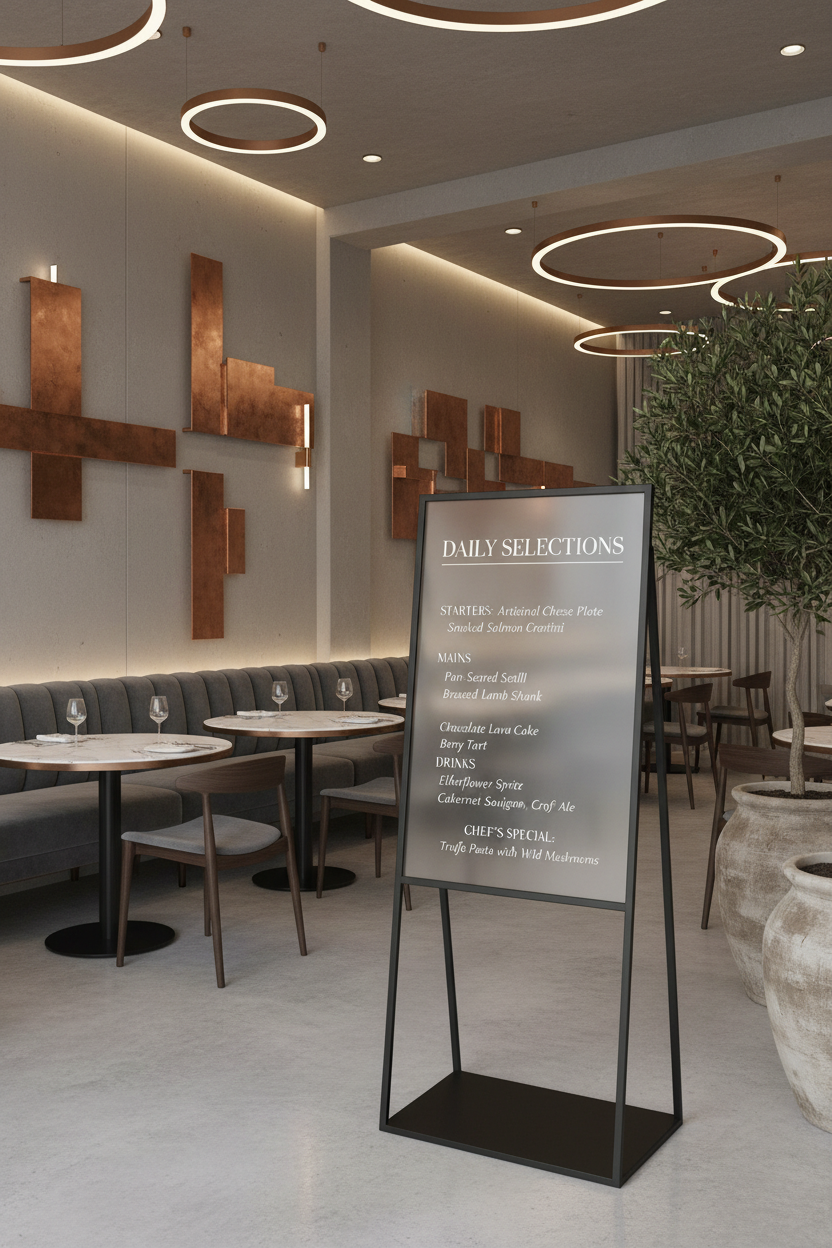 세련된 현대식 레스토랑 내부, 입구 근처에 일일 메뉴판으로 디자인된 포스터 목업, 깔끔한 라인과 부드러운 천장 조명.