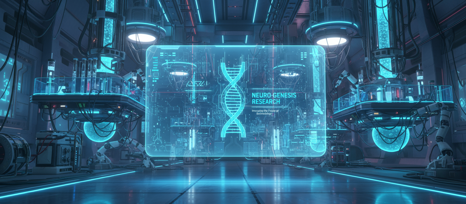 미래 지향적인 하이테크 실험실, 홀로그램 스크린에 표시된 포스터 목업, 빛나는 파란 조명과 정교한 기계.