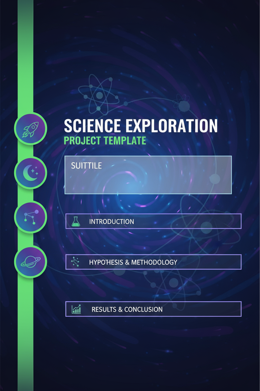원자 구조 배경과 우주 테마가 있는 교육용 과학 프로젝트 PPT 템플릿.