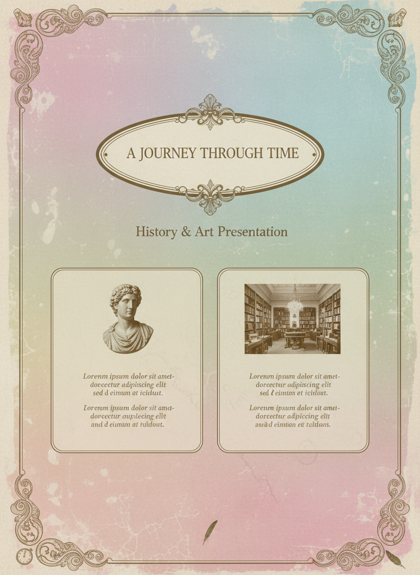 퇴색된 파스텔, 낡은 질감, 우아한 세리프 글꼴이 특징인 빈티지에서 영감을 받은 PPT 템플릿.