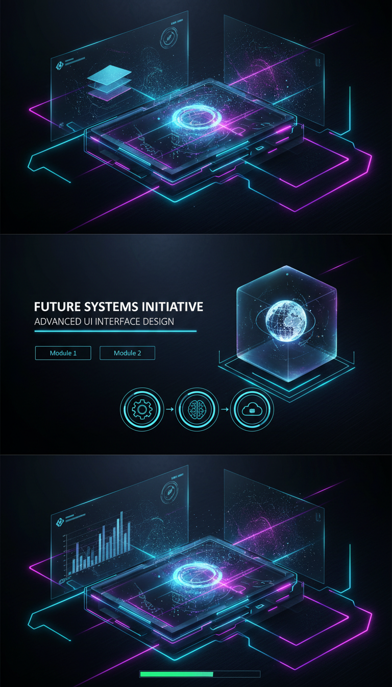 네온 선, 회로 패턴, 홀로그래픽 액센트가 있는 미래 지향적인 기술 PPT 템플릿.