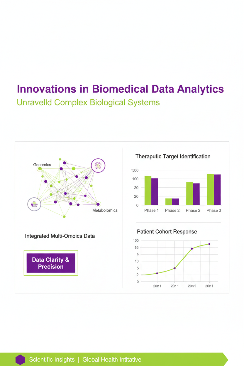 깨끗한 흰색 배경에 데이터 명확성을 위한 생동감 있는 라임 그린과 밝은 보라색 악센트가 있는 과학 PPT 템플릿.