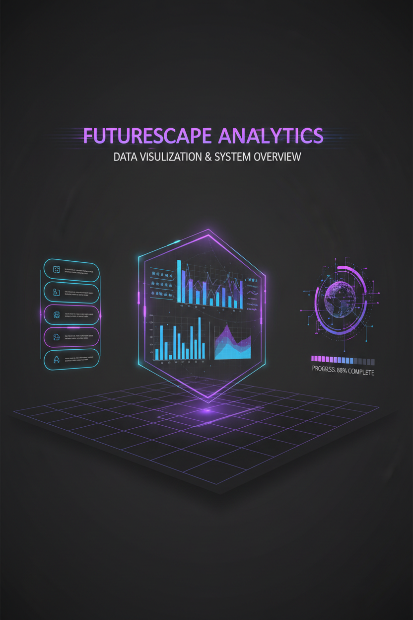 숯 배경에 빛나는 보라색과 파란색 네온 악센트가 있는 다크 모드 미래형 PPT 템플릿.