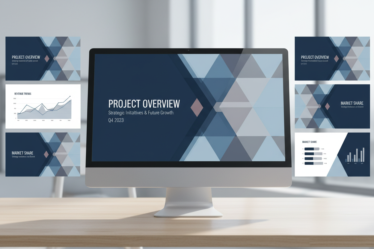 기하학적 디자인의 파란색과 회색 현대적인 비즈니스 PPT 템플릿이 디지털 화면에 표시됩니다.
