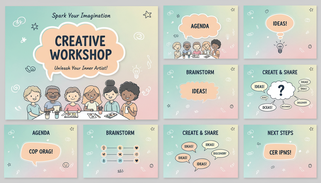손으로 그린 낙서와 파스텔 색상을 특징으로 하는 캐주얼한 창작 워크숍 PPT 템플릿.