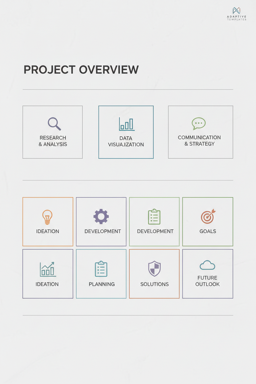 밝은 회색 배경과 유연한 그리드 기반 레이아웃이 있는 깨끗한 다목적 PPT 템플릿.