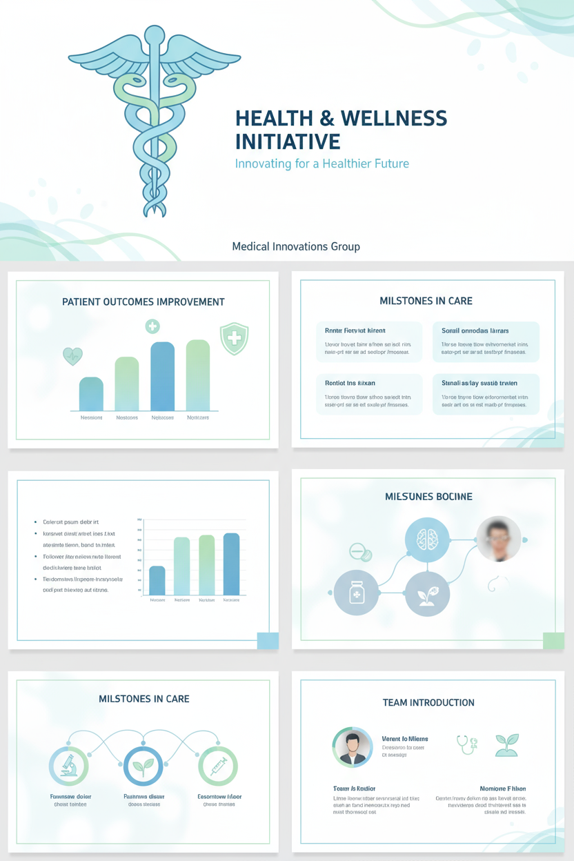 건강 아이콘과 평온한 파란색 및 녹색 팔레트를 가진 깔끔한 의료 PPT 템플릿.
