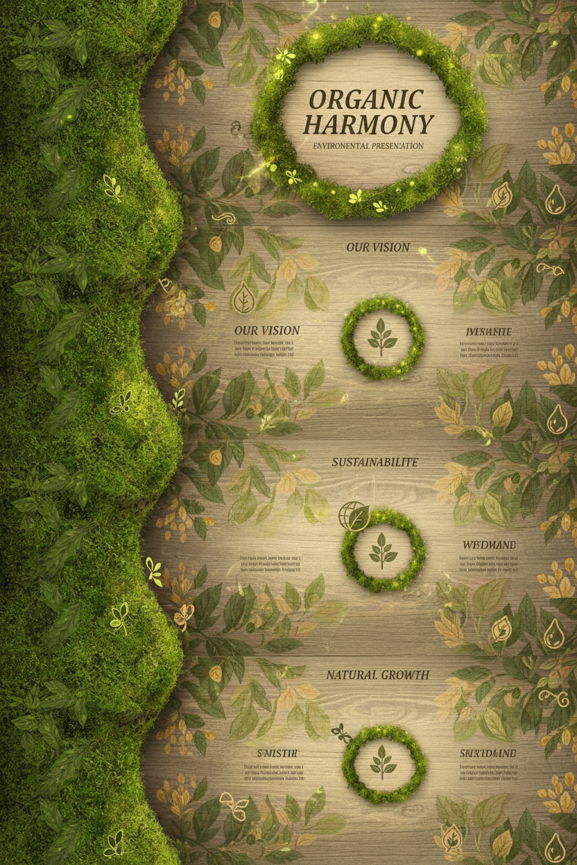 나뭇잎 패턴, 흙빛 색조, 나무 질감, 환경 친화적 모티프를 담은 유기적인 자연 테마 파워포인트 템플릿.