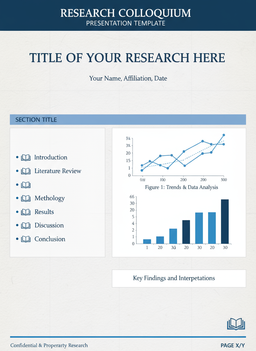 차트 및 그래프 자리 표시자가 있는 고전적인 파란색과 흰색 학술 연구 PPT 템플릿.
