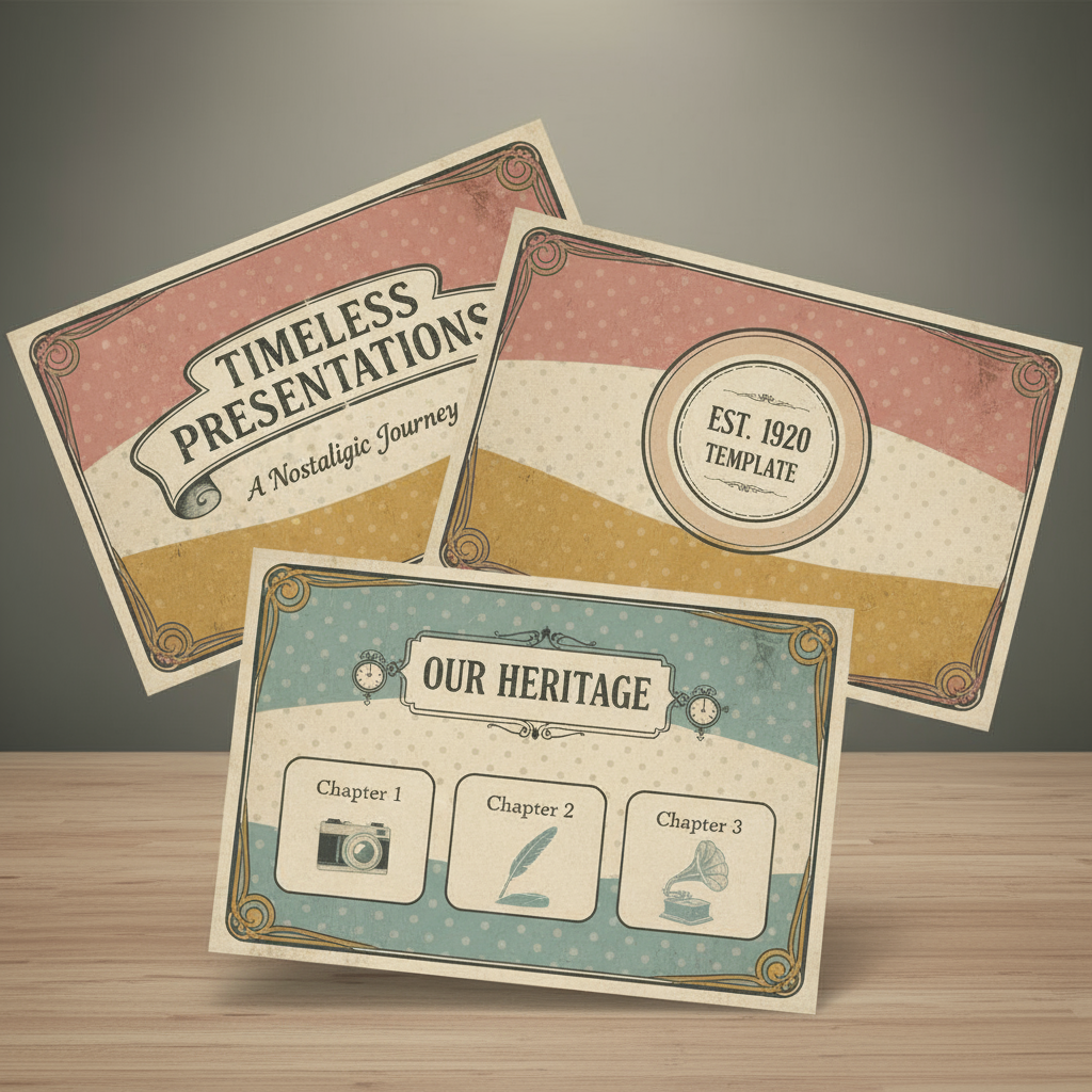 은은한 톤, 빈티지한 질감, 복고풍 패턴이 있는 빈티지풍 PPT 템플릿.