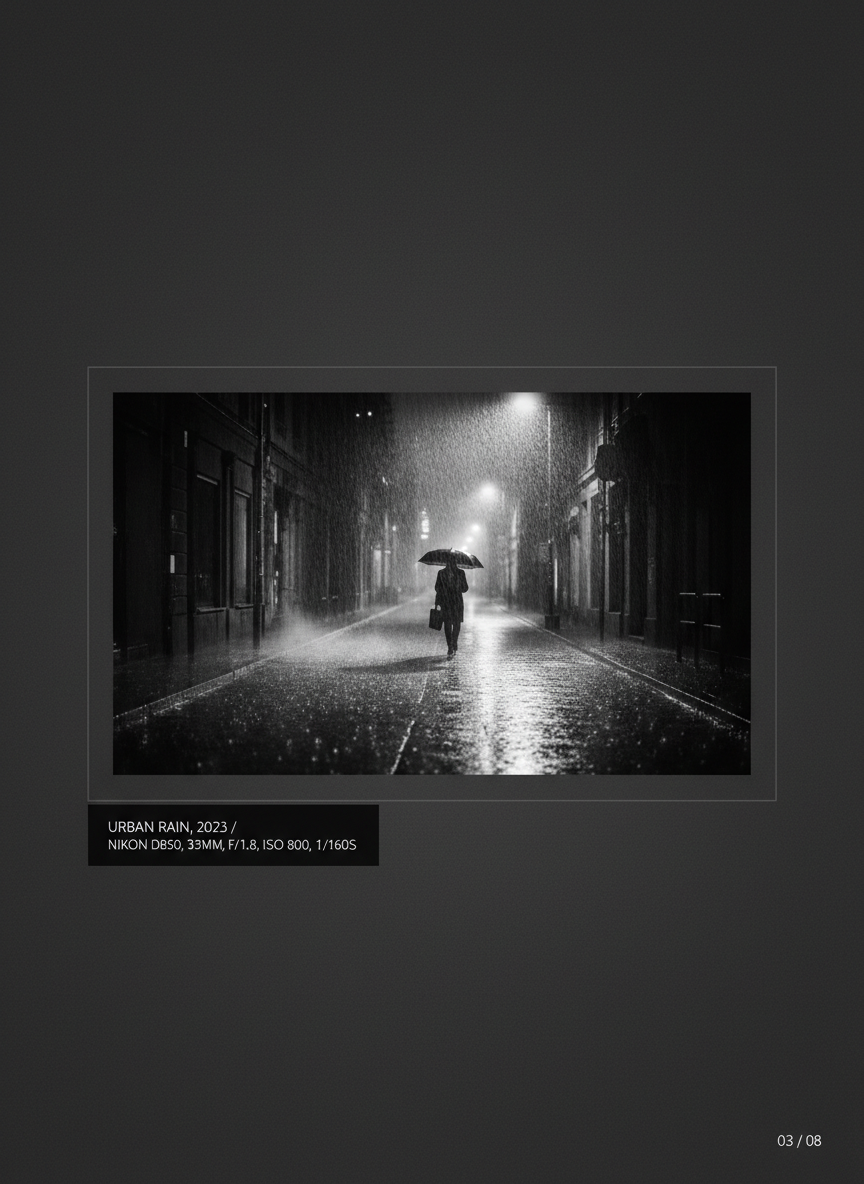 큰 이미지 프레임과 흑백 구성표가 특징인 미니멀한 사진 PPT 템플릿.