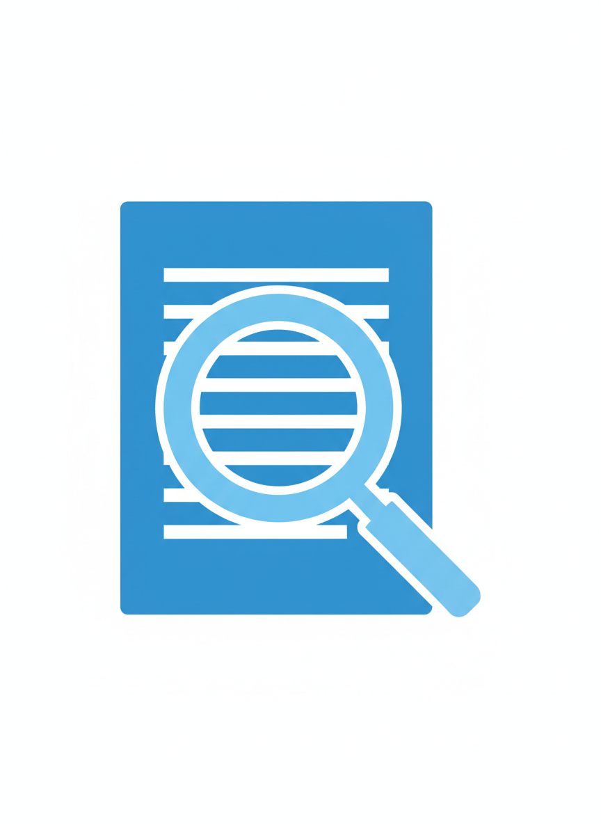 문서 위에 돋보기가 있는 파란색과 흰색의 픽토그램, 검색 또는 보고서를 상징.