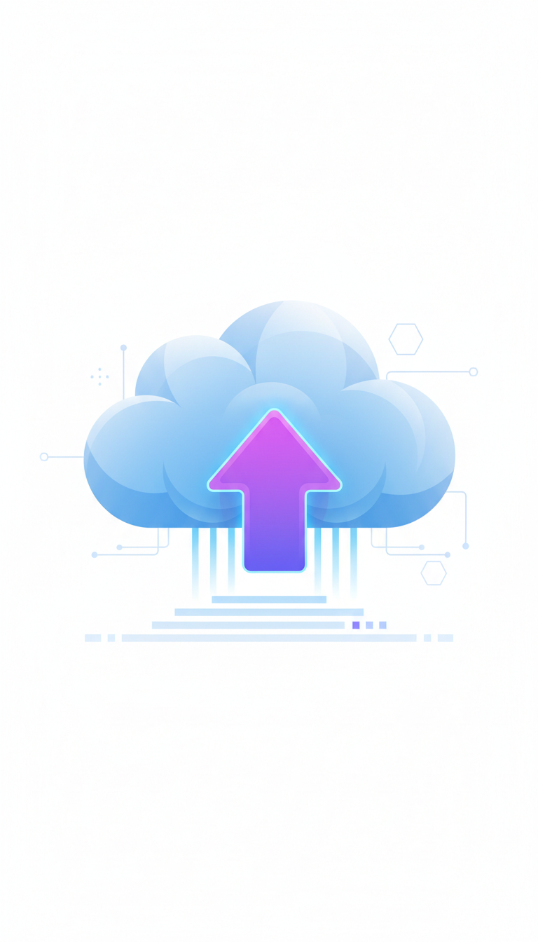 데이터 업로드를 상징하는 구름 안의 위쪽 화살표 픽토그램.