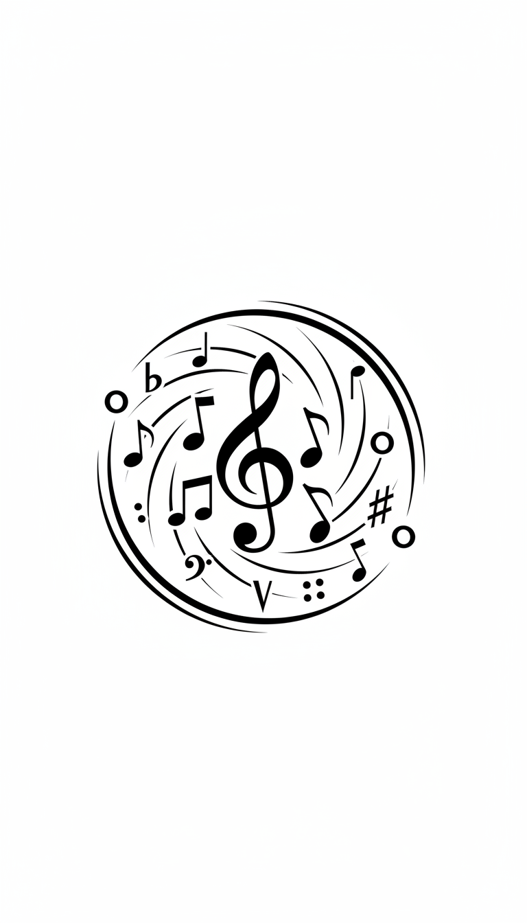 음악이나 엔터테인먼트를 상징하는 우아한 검은색 윤곽선의 음표 픽토그램.