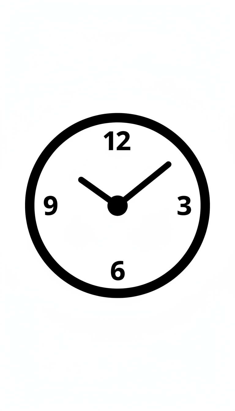 시간을 나타내는 미니멀리스트 흑백 아날로그 시계 픽토그램.