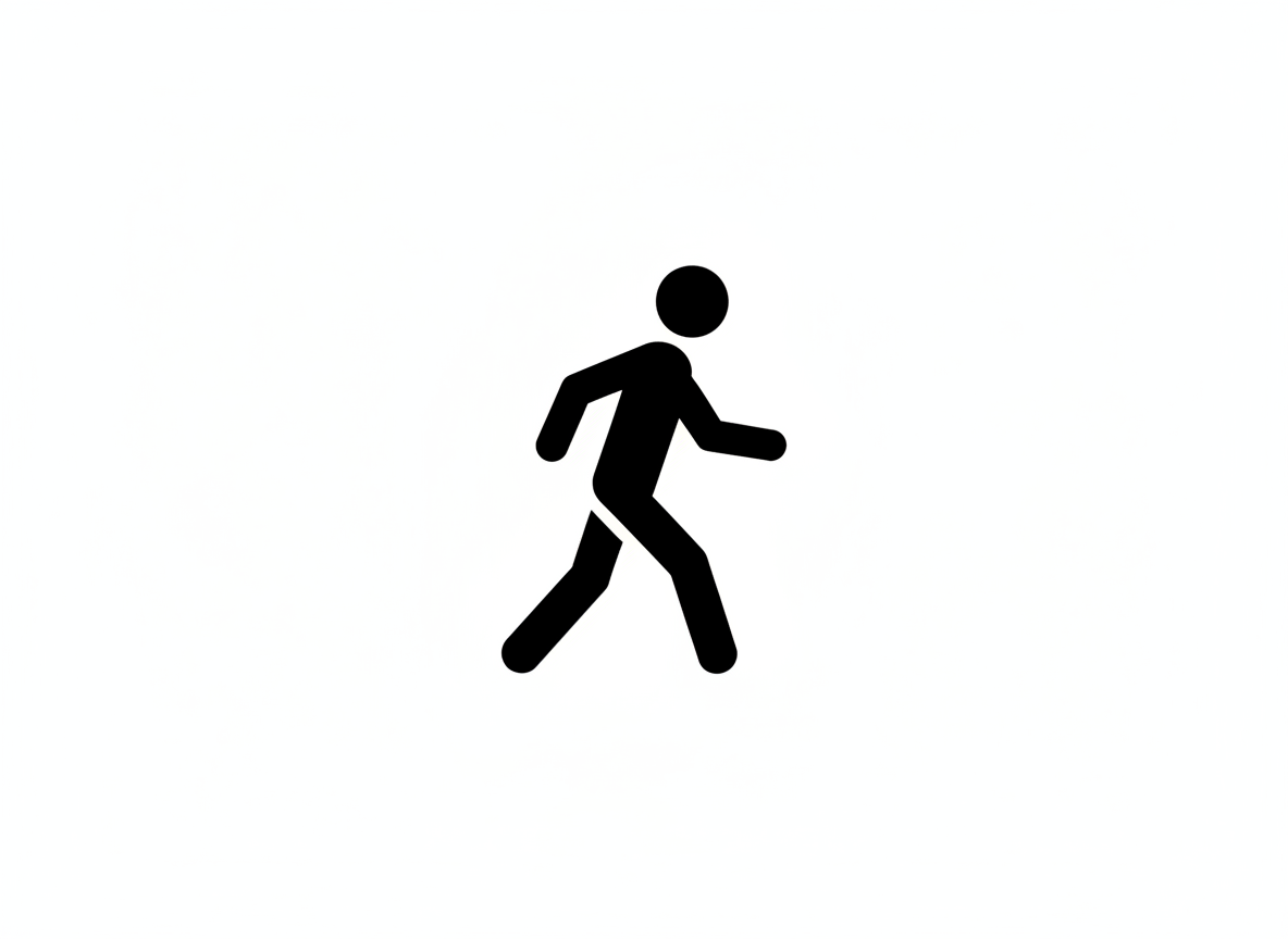하얀 배경에 검은색으로 그려진 미니멀한 걷는 사람 픽토그램.