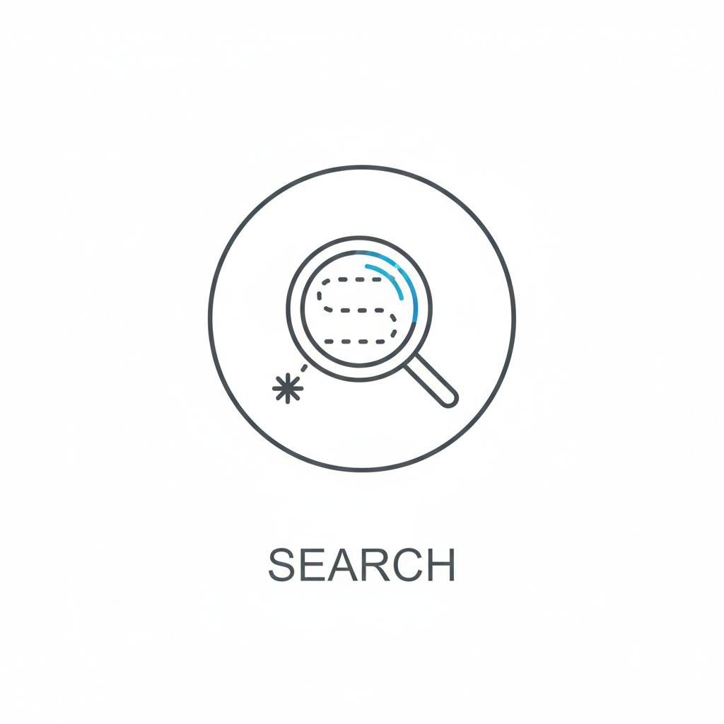 검색 또는 발견을 상징하는 미니멀한 돋보기 픽토그램.
