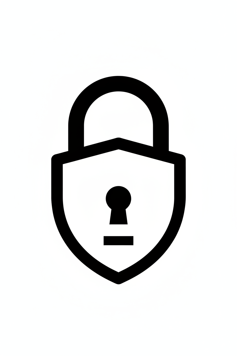 개인 정보 보호나 보안을 의미하는 흰색 배경에 검은색으로 그려진 잠금 장치 픽토그램.