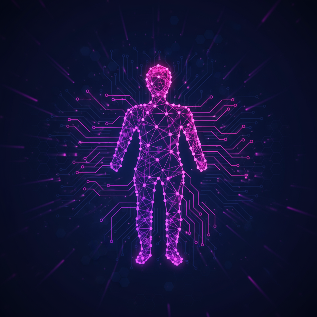 연결된 점과 선으로 이루어진 인간 관계 또는 네트워크를 나타내는 보라색-분홍색 그라디언트 픽토그램.