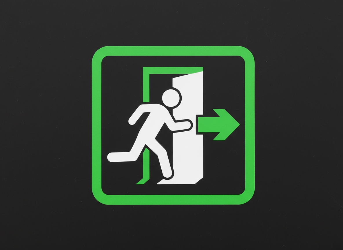 달리는 사람과 문이 있는 선명한 녹색과 흰색 비상구 픽토그램.