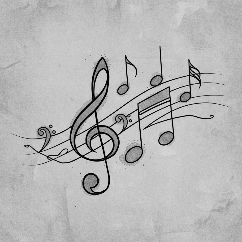 회색 질감 배경 위에 검은색으로 표현된 우아한 음표 픽토그램.