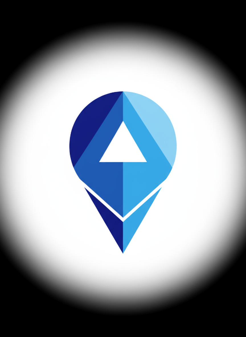 파란색과 흰색의 기하학적이고 미니멀한 위치 핀 픽토그램.